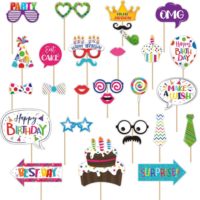 Frienda 29 Pieces Birthday Photo Booth Props Kit Colorful Funny Kids Birthday Theme Table Centerpiece Craft Cutouts with Glue Point Dots and Wooden Dowel Sticks for Party Celebration Decorations - Image 2